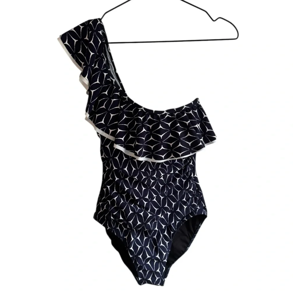Profile‎ by Gottex Ruffle One Shoulder One Piece 10 Navy Blue White Swimsuit